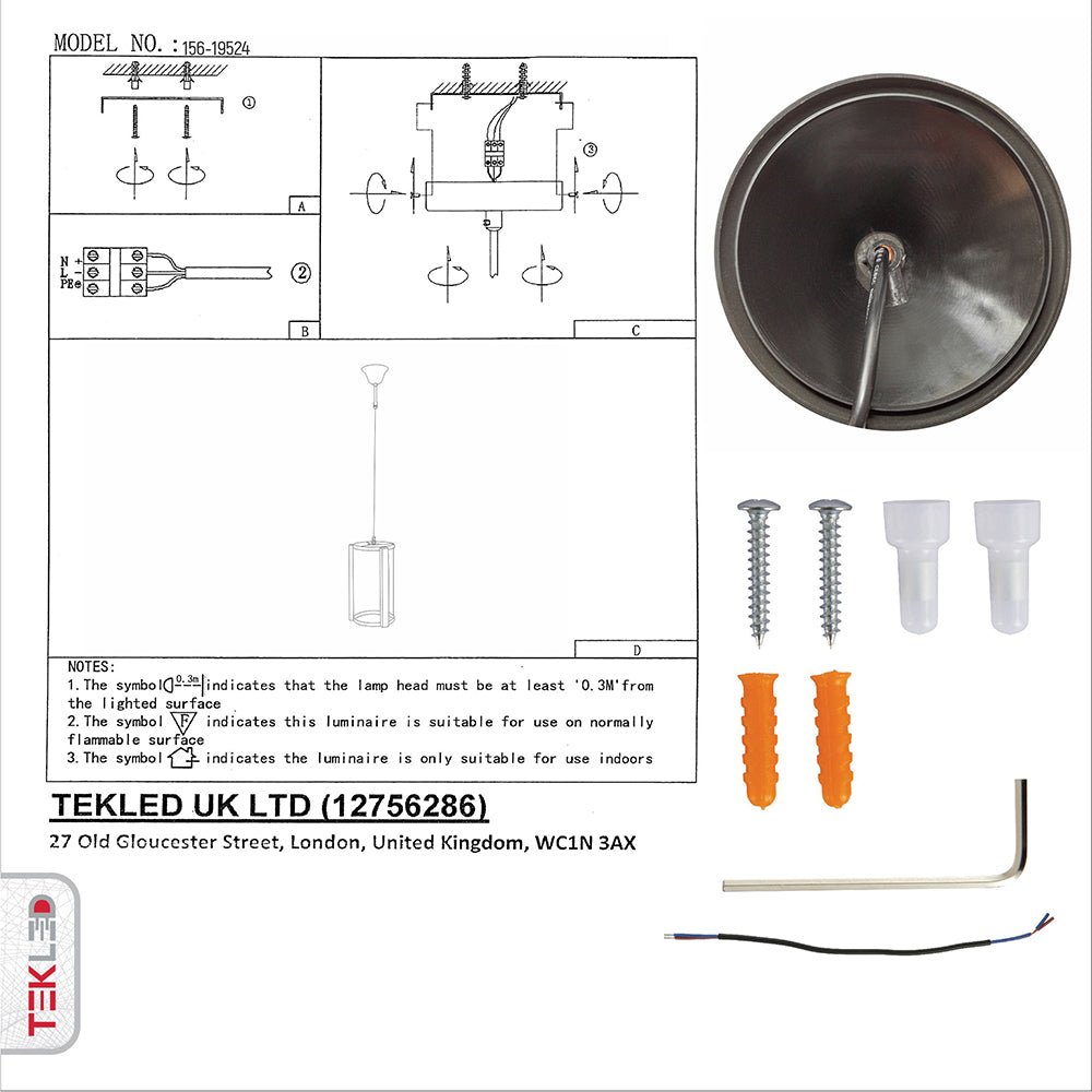 User manual and box content of black metal wood cylinder pendant light with e27 fitting