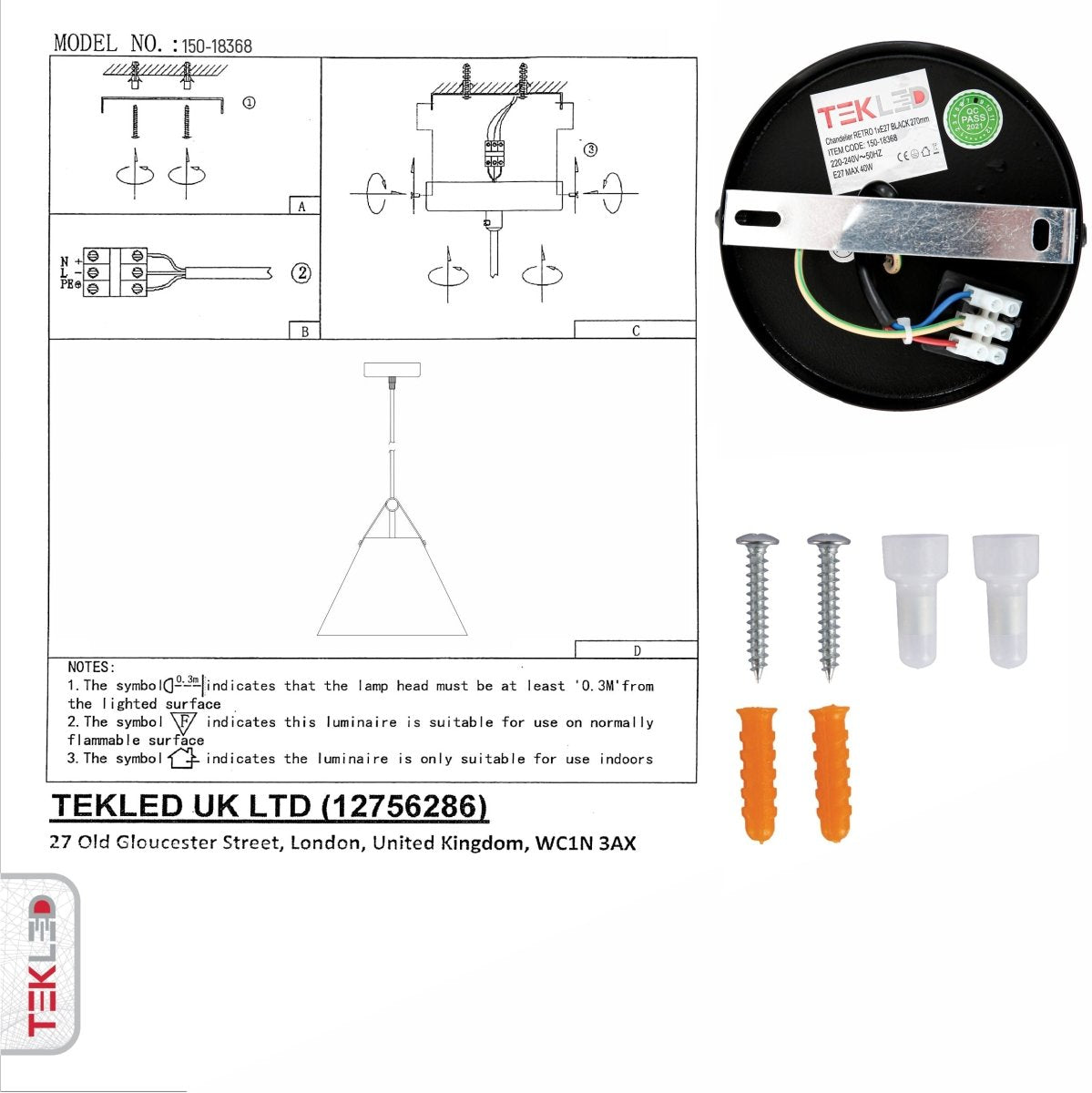 User manual and box content of black white metal funnel pendant light small e27