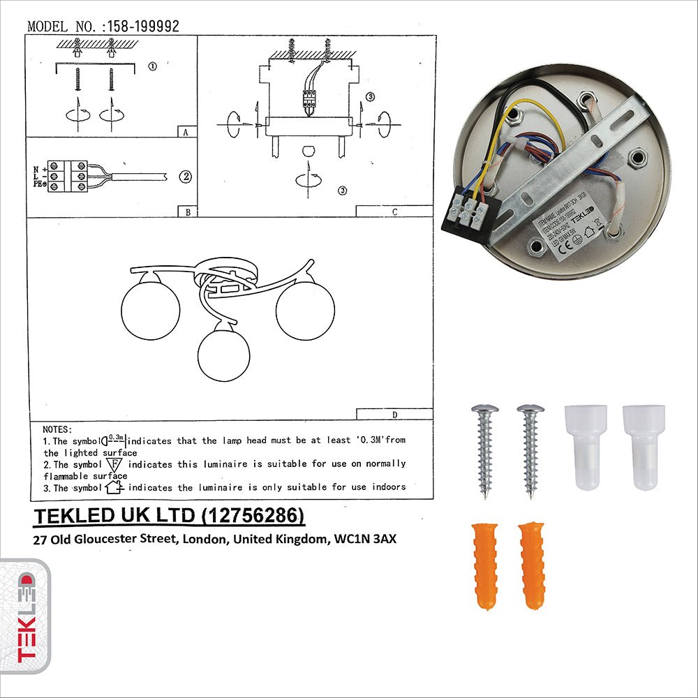 User manual and box content of chrome metal clear glass ceiling light with 3xg9 fitting