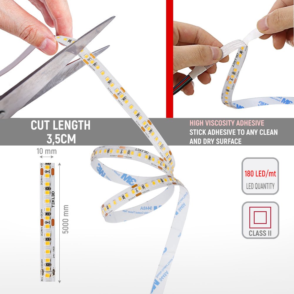 User manual and cut length for LED Strip Light 180pcs 2835 LED 10W 2A 24Vdc 10mm 5m IP65 Waterproof 3000K Warm White 4000K Cool White 6500K Cool Daylight | TEKLED 582-032733