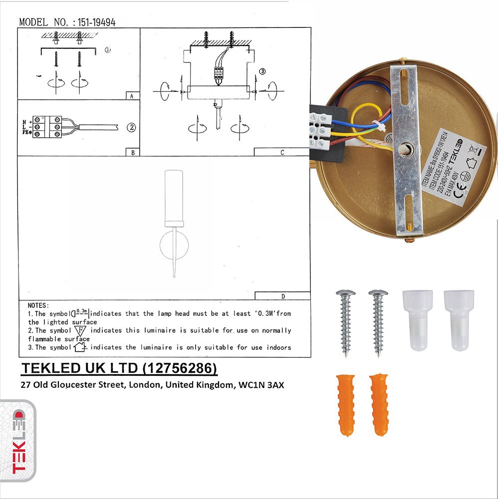 User manual and box content of Gold Aluminium Bronze Cylinder Clear Glass Wall Light with e27