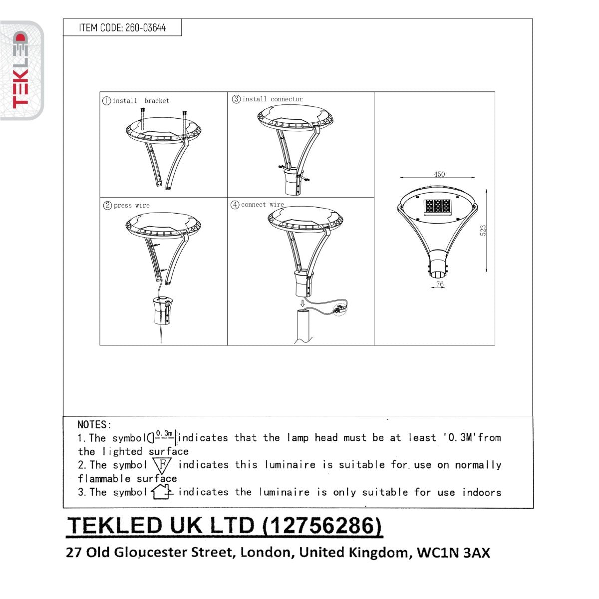 User manual and box content of led ataman lamp post top light 50w 4000k cool white ip65 grey