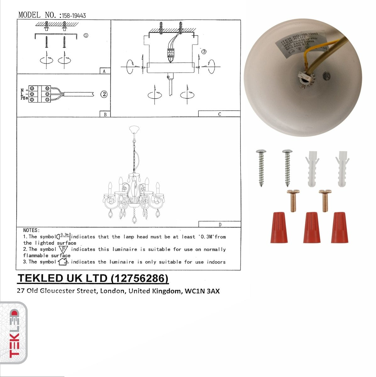 User manual for Amber Crystal Gold and White Metal 6 Arm Chandelier with E14 Fitting | TEKLED 158-19443