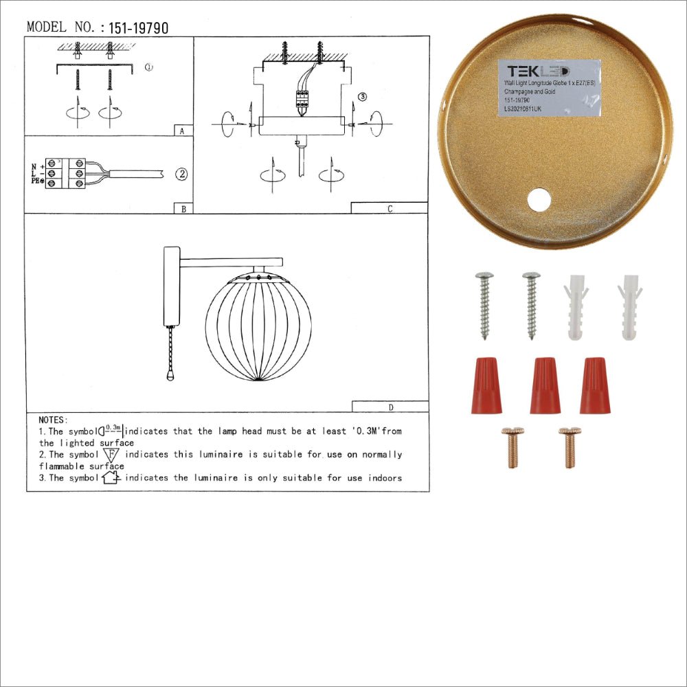 User manual for Amber Reeded Globe Gold Wall Light E27 Pull Down Switch | TEKLED 151-19790
