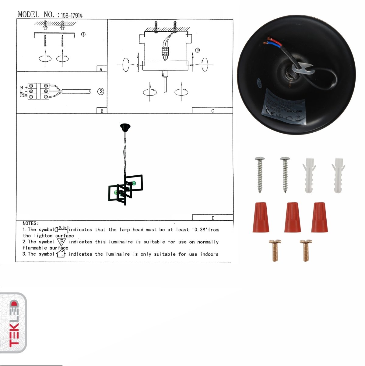 User manual for Black 4 Rectangle Pendant Light L375 with 4xE27 Fitting | TEKLED 158-17914
