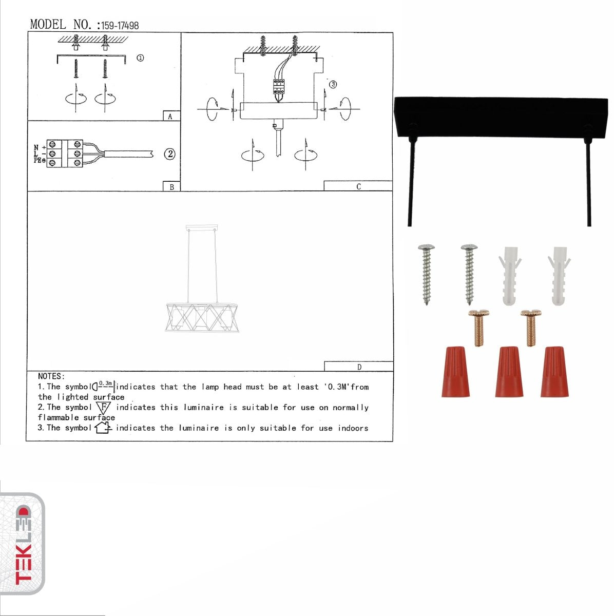 User manual for Black Cage Metal Amber Cylinder Glass Island Chandelier with 3xE27 Fittings | TEKLED 159-17498