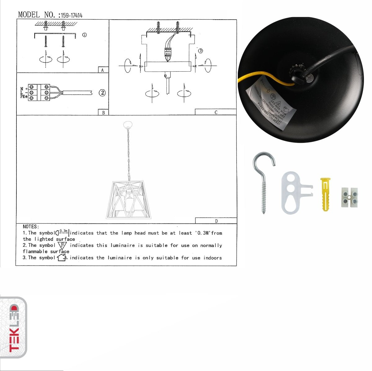 User manual for Black Metal Body Amber Cylinder Glass Cage Cuboid Chandelier with 3xE27 Fittings | TEKLED 159-17414