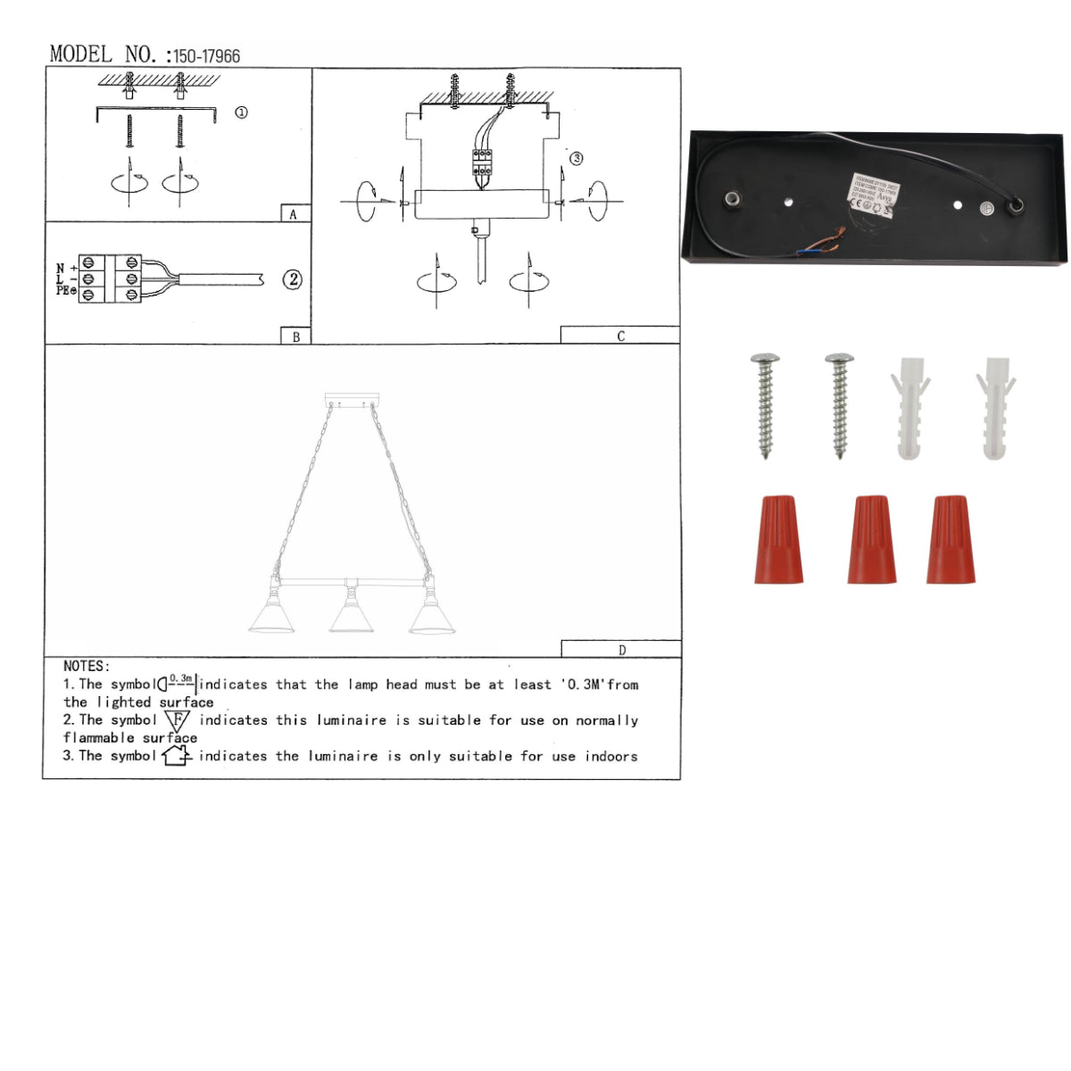 User manual for Black Metal Funnel Pipe Island Ceiling Chandelier Light with 3xE27 | TEKLED 150-17966