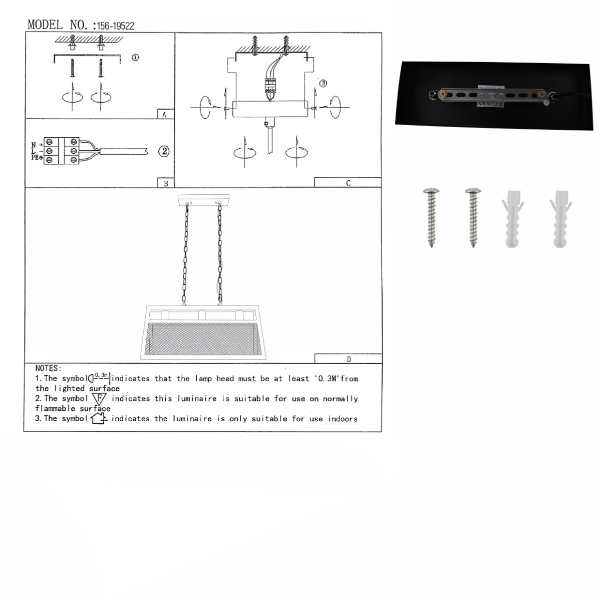 User manual for Black Metal Island Chandelier Ceiling Light with 3xE27 Fitting | TEKLED 156-19522