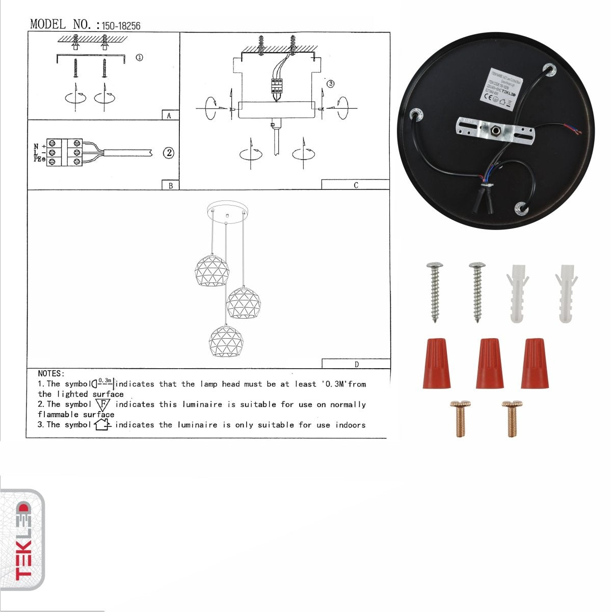 User manual for Black Metal Laser Cut Globe Pendant Light with 3xE27 Fitting | TEKLED 150-18256