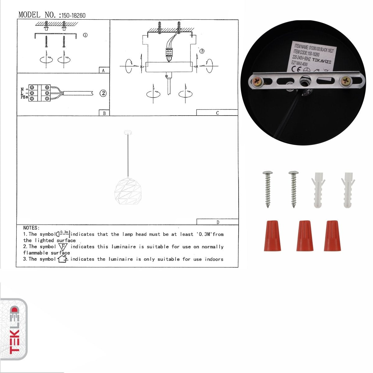 User manual for Black Metal Laser Cut Globe Pendant Light Large with E27 Fitting | TEKLED 150-18260