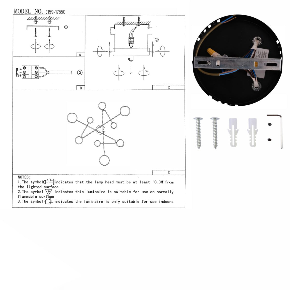 User manual for Contemporary Galaxy Gold Ring Black Rods Modern Semi Flush Chandelier Ceiling Light 72w Warm White | TEKLED 159-17550