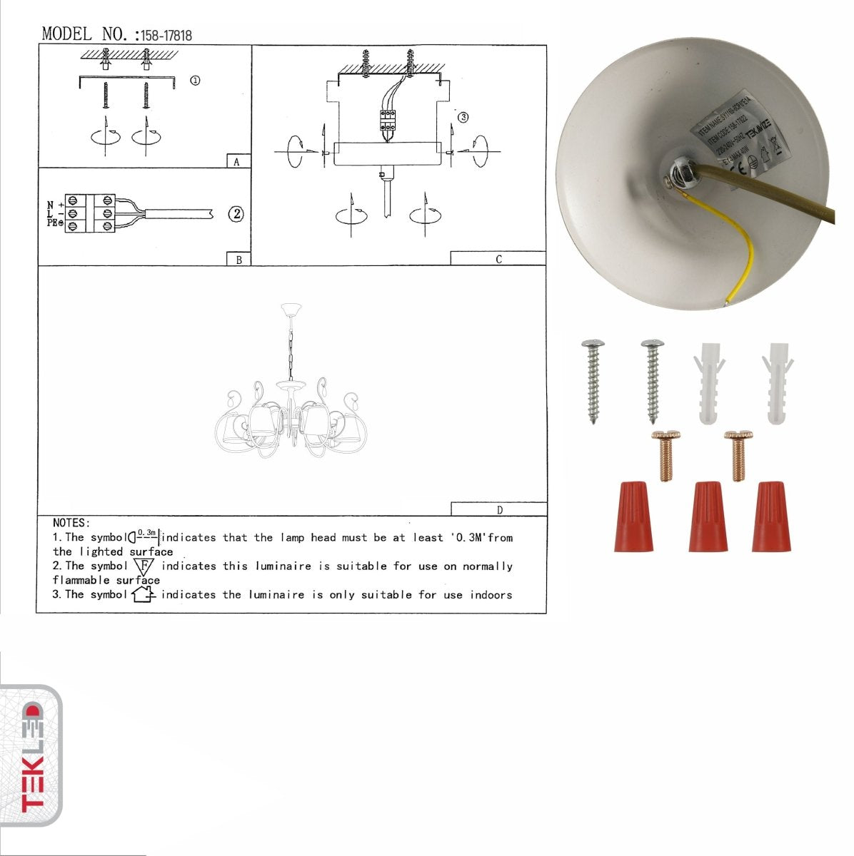 User manual for Creamy White Shade Rice White Gold Brushed 6 Arm Chandelier with 6xE14 Fitting | TEKLED 158-17822