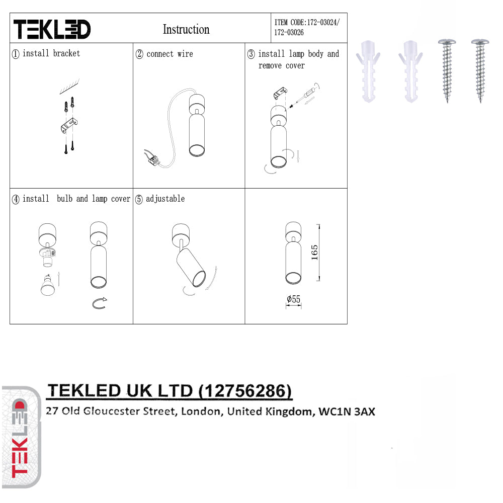 User manual for Cyclinder Downlight Black Surface Mount Rotatable with GU10 Fitting | TEKLED 172-03024