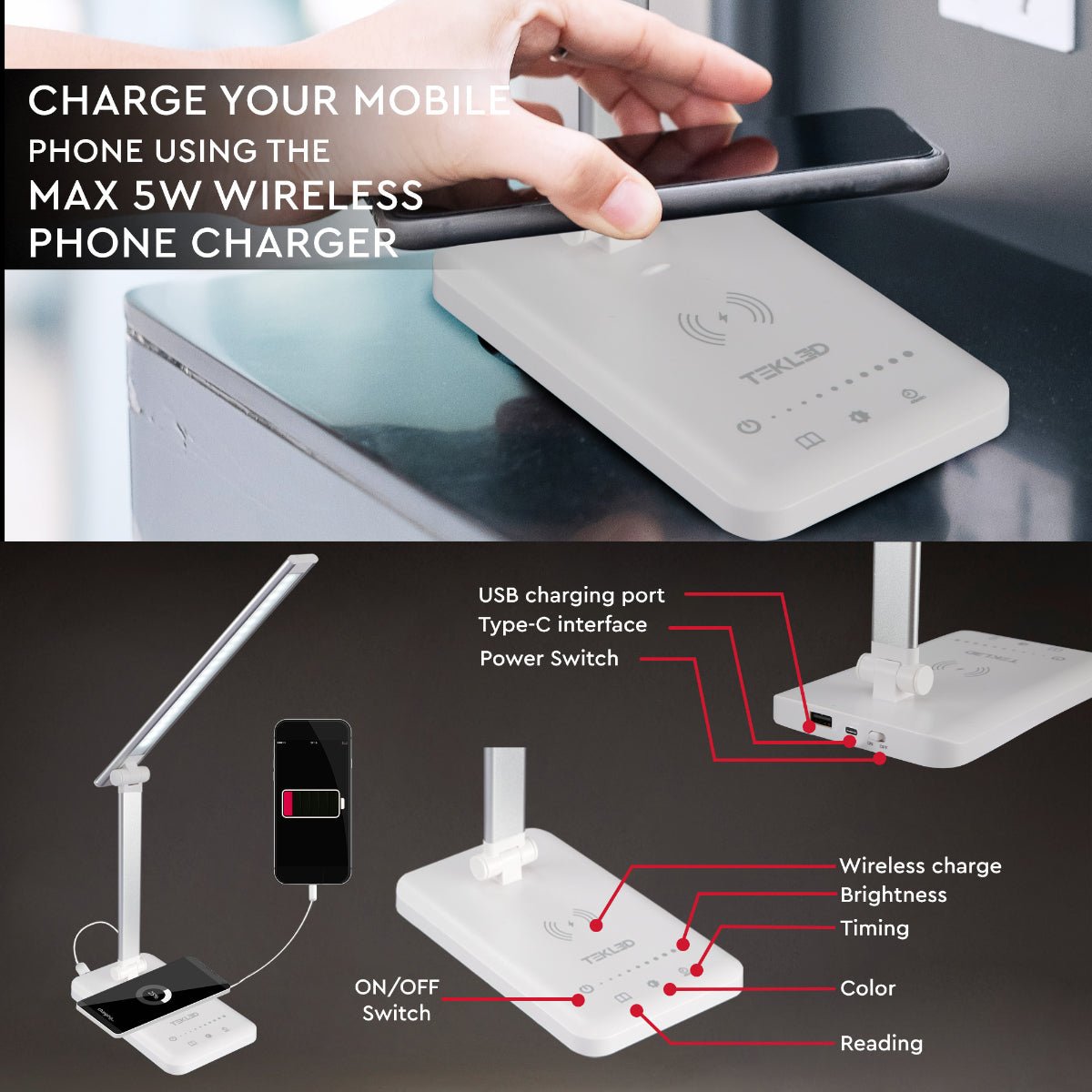 User manual for Dingo Silver Desk Light Dimmable and Colour Modes with Wireless Phone Charger | TEKLED 130-03612
