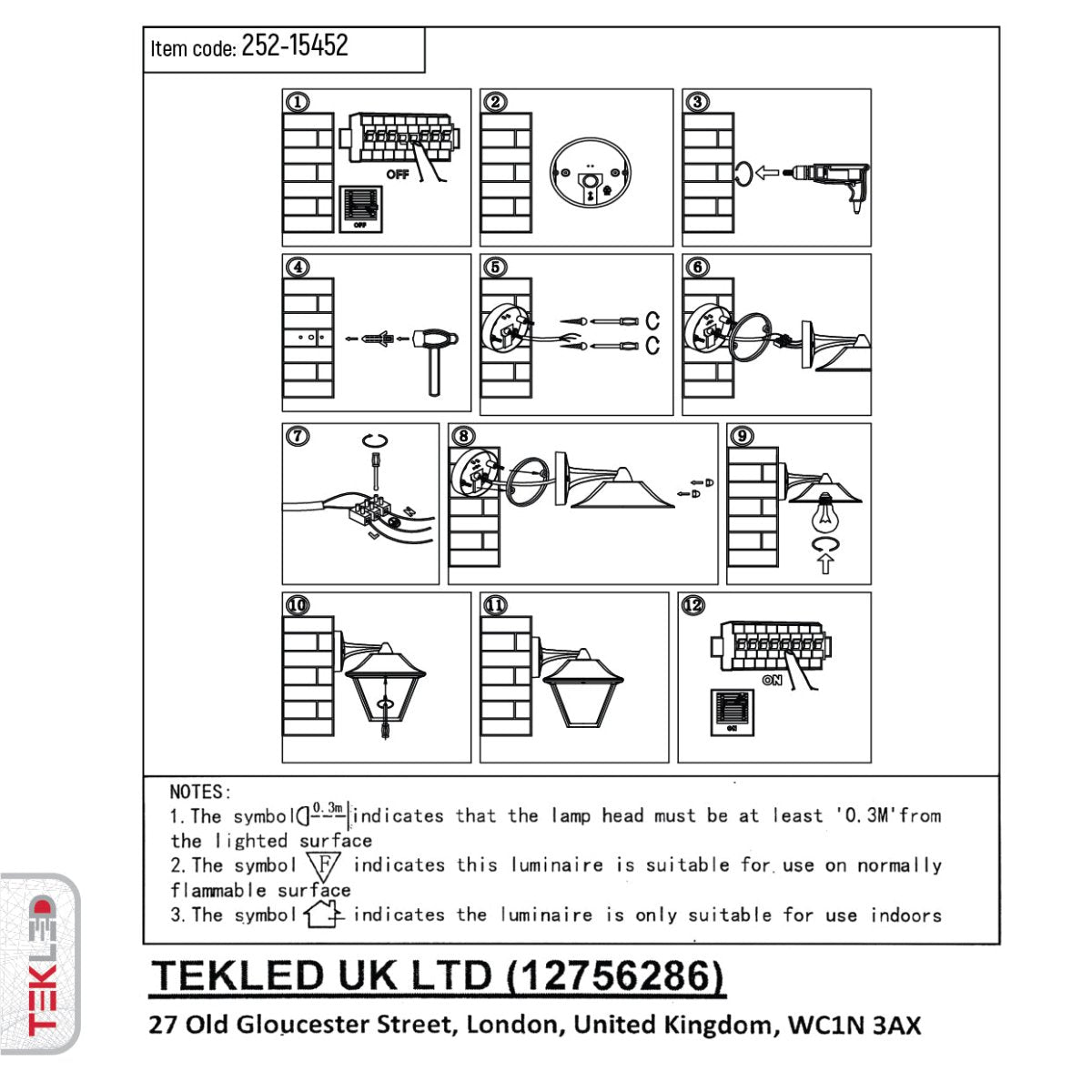 User manual for Downward Wall Lamp Matt Black Clear Glass E27 | TEKLED 252-15452