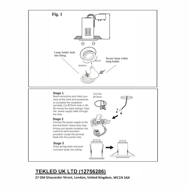 User manual for Fixed Diecast Aluminium Fire Rated Downlight Satin Nickel IP20 GU10 | TEKLED 143-03704