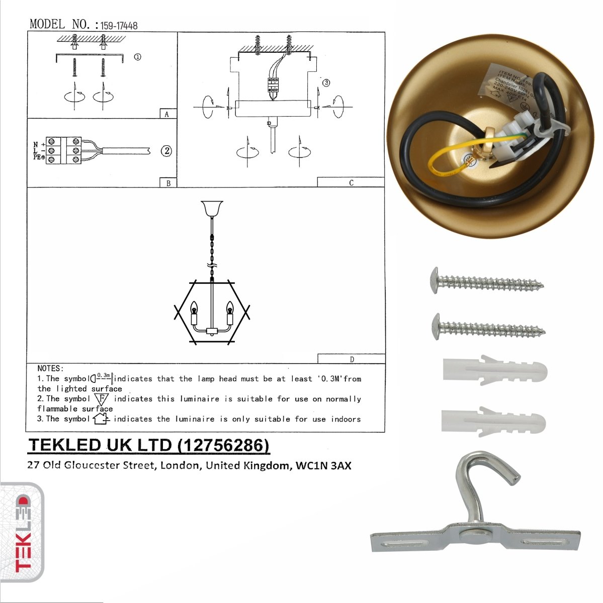 User manual for Gold Aluminium Bronze Globe Cage Pendant Chandelier Light with 3xE14 Fittings | TEKLED 159-17448