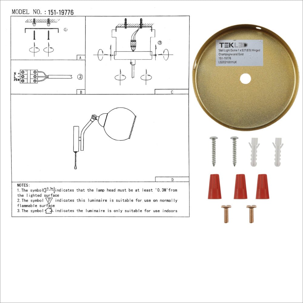 User manual for Gold Hinged Metal Amber Dome Glass Wall Light E27 Pull Down Switch | TEKLED 151-19776