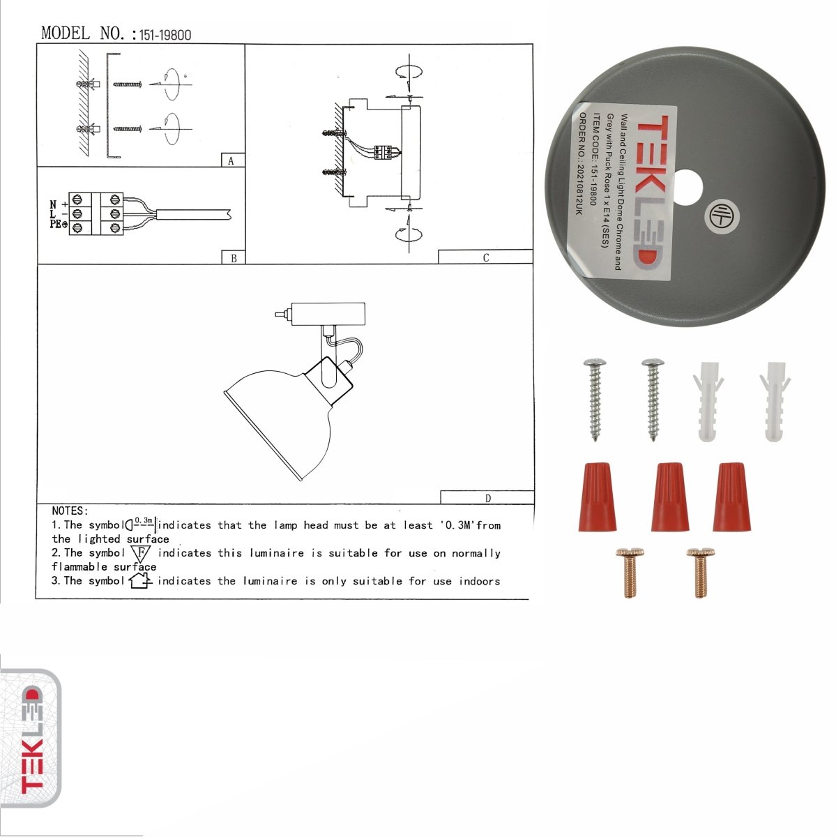 User manual for Grey Dome Adjustable Wall and Ceiling Light with Switch on the Rose E14 | TEKLED 151-19800