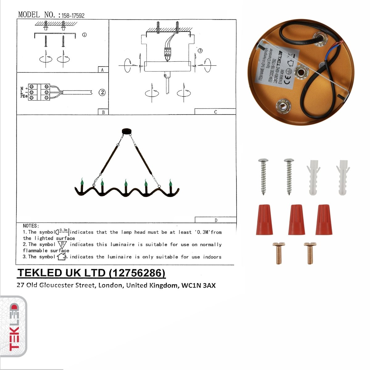 User manual for Hemp Rope Spiral Island Chandelier with 5xE14 Fitting | TEKLED 158-17592