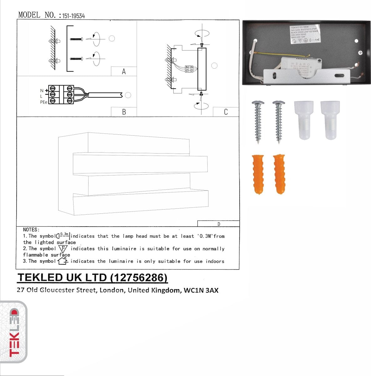 User manual for LED Black Metal Wall Light 12W Warm White 3000K | TEKLED 151-19534