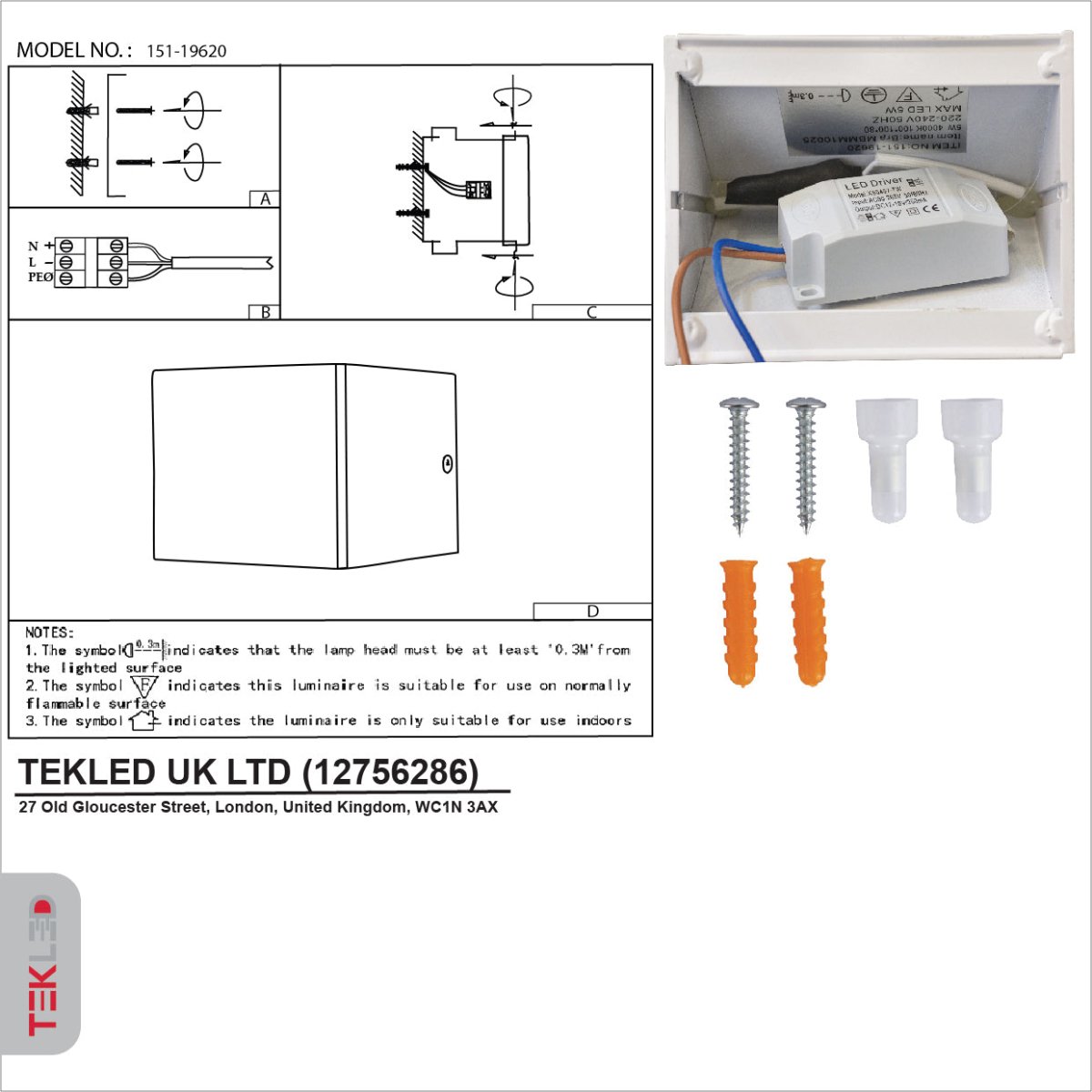 User manual for LED Cuboid Wall Light 5W Cool White 4000K White | TEKLED 151-19620