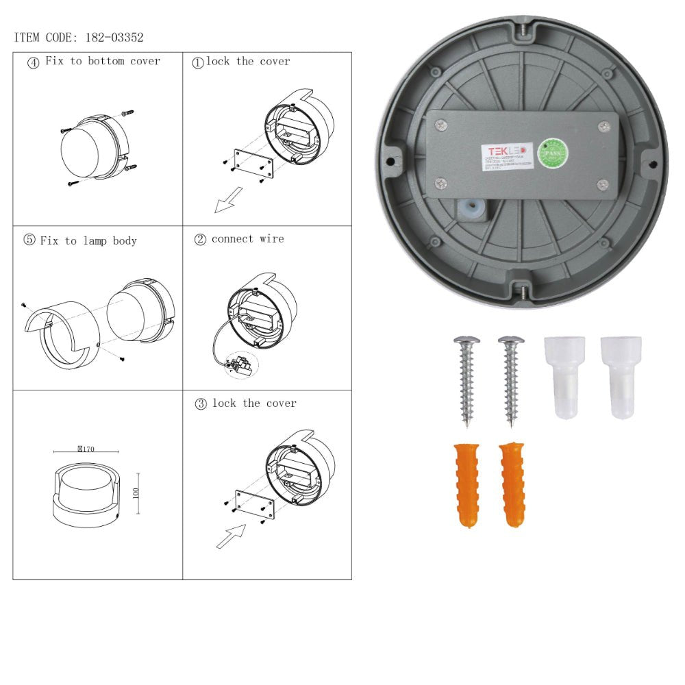 User manual for LED Diecast Aluminium Round Hood Wall Lamp 12W Warm White 3000K IP54 Anthracite Grey | TEKLED 182-03352