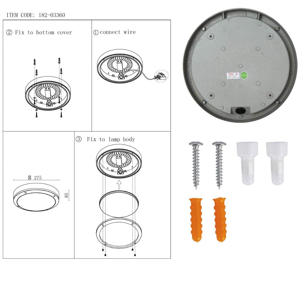 User manual for LED Diecast Aluminium Round Wall Lamp 20W Cool White 4000K IP54 Grey 275mm | TEKLED 182-03360