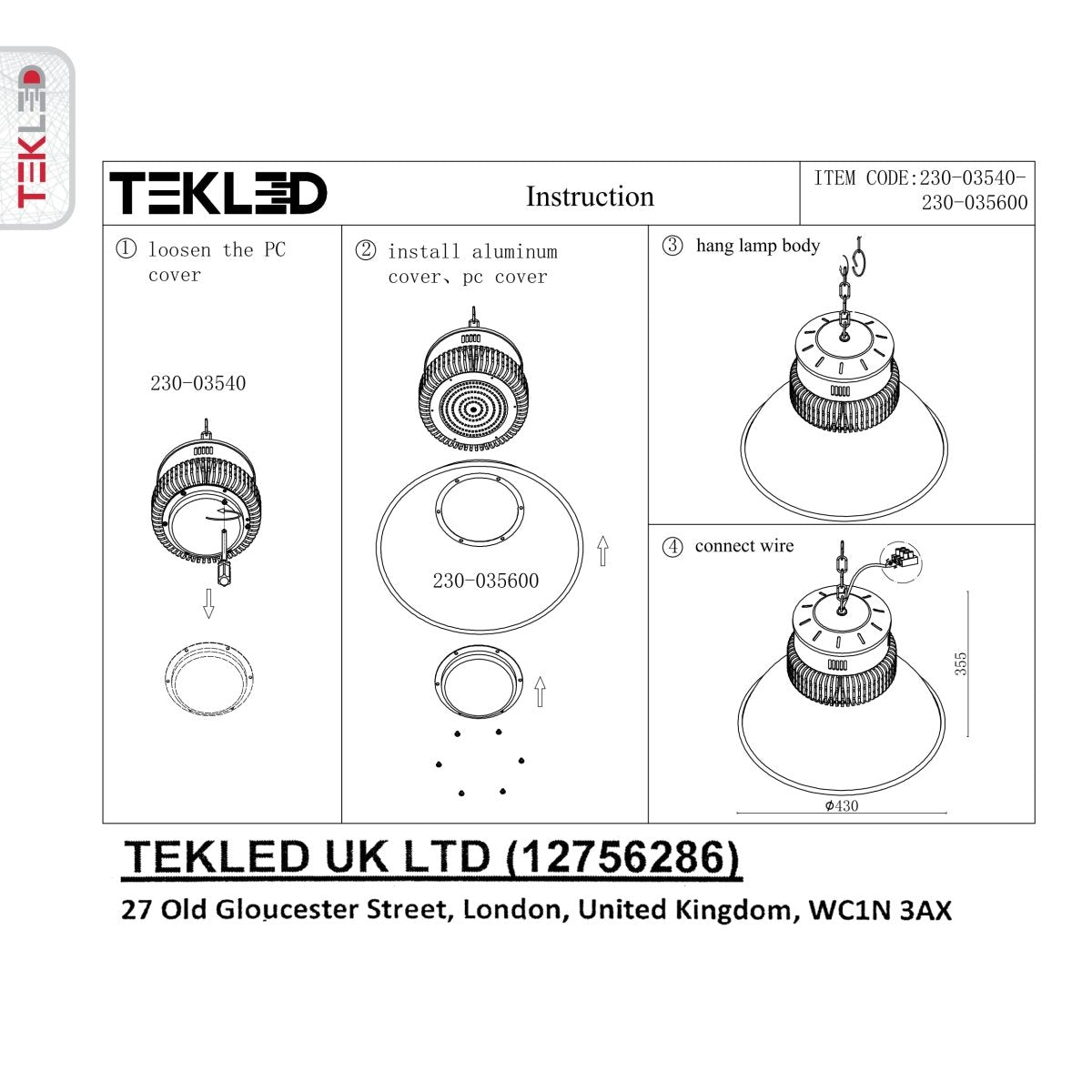 User manual for LED Radiator Highbay 100W Cool White 4000K IP20 | TEKLED 230-03540