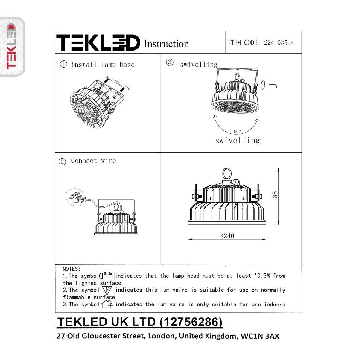 User manual for LED UFO Cold Forged Heatsink Highbay Light 150W Cool White 4000K Sand Black IP65 | TEKLED 224-03514