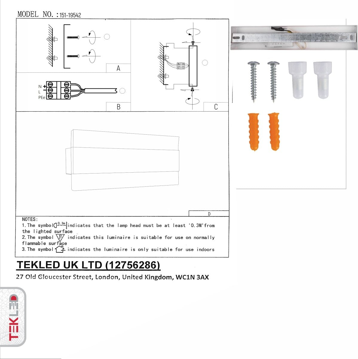 User manual for LED White Metal Acrylic Wall Light 12W Warm White 3000K | TEKLED 151-19542