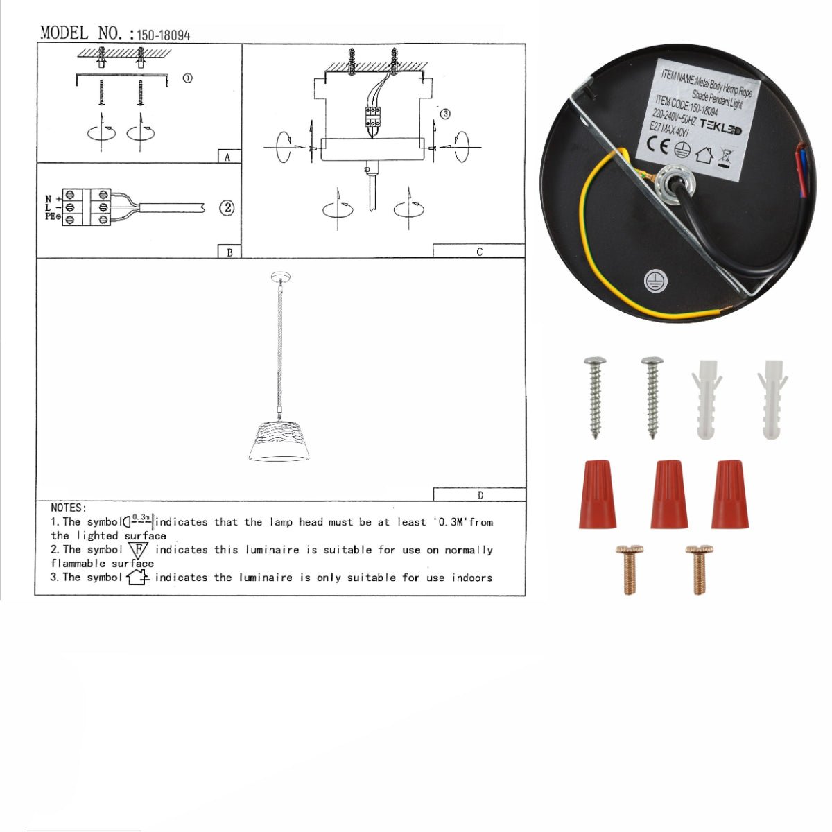 User manual for Farmhouse Rustic Metal Body Hemp Rope Shade Pendant Ceiling Light with E27 | TEKLED 150-18094