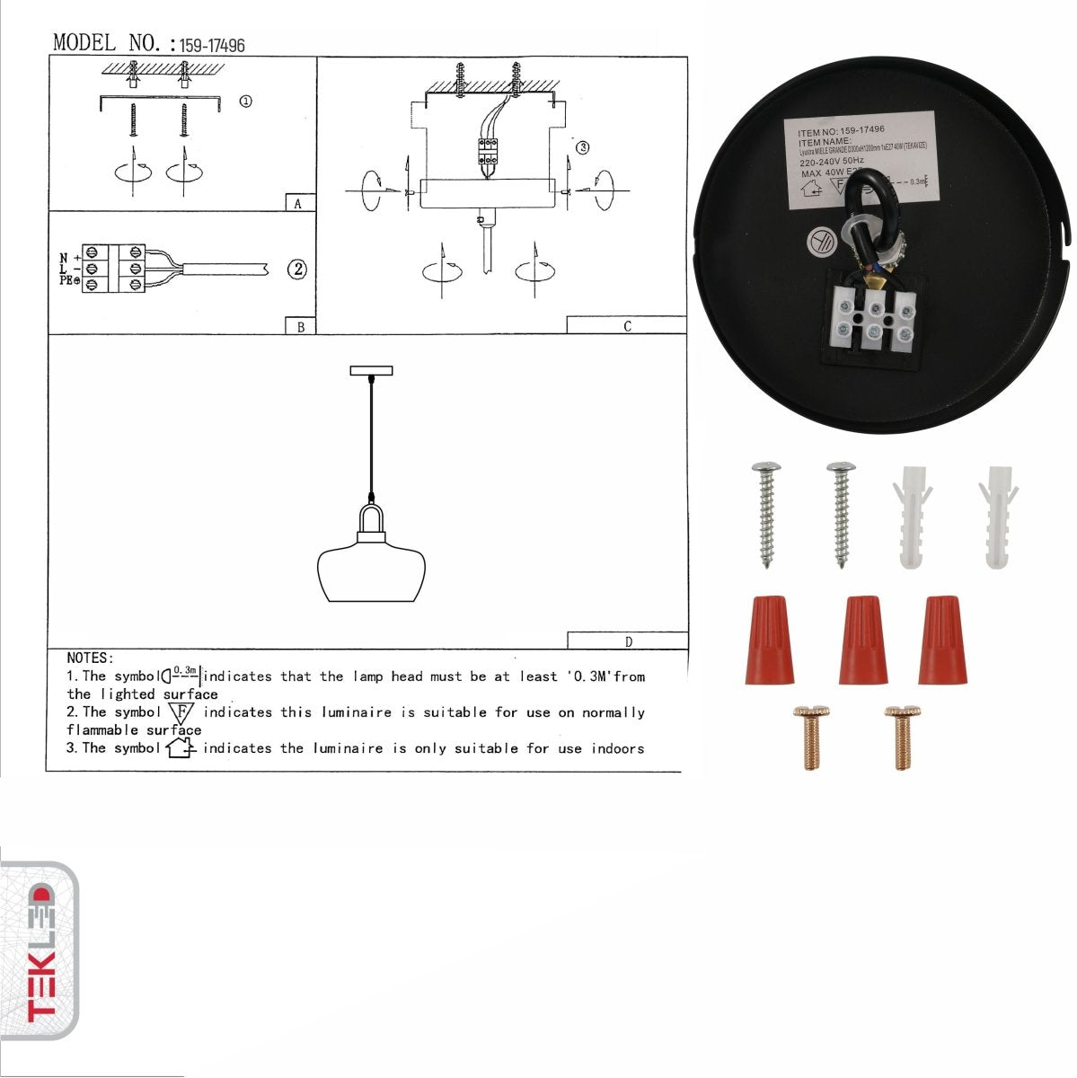 User manual for Miele Grande Amber Glass Pendant Light with E27 Fitting | TEKLED 159-17496