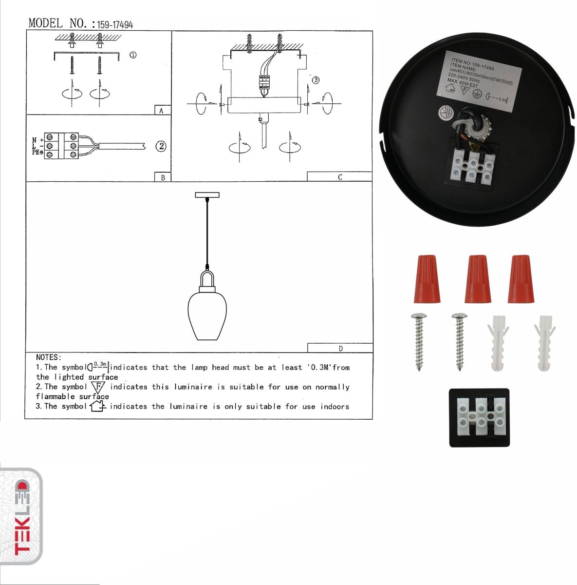 User manual for Miele Lungo Amber Glass Pendant Light with E27 Fitting | TEKLED 159-17494