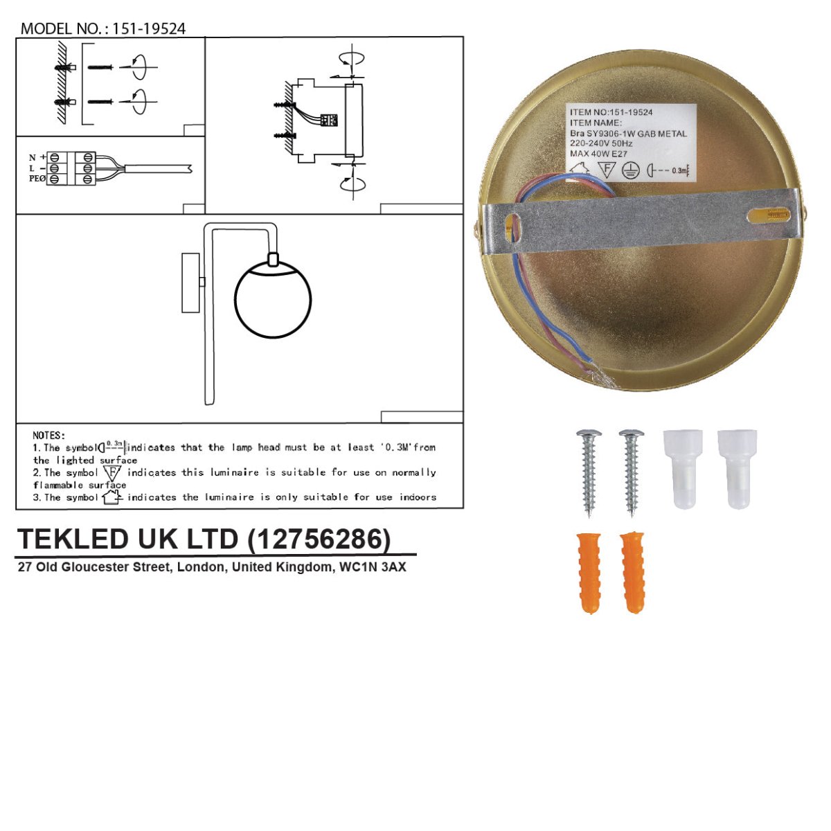 User manual for Opal Globe Glass Bronze Cane Metal Downward Wall Light with E27 Fitting | TEKLED 151-19524