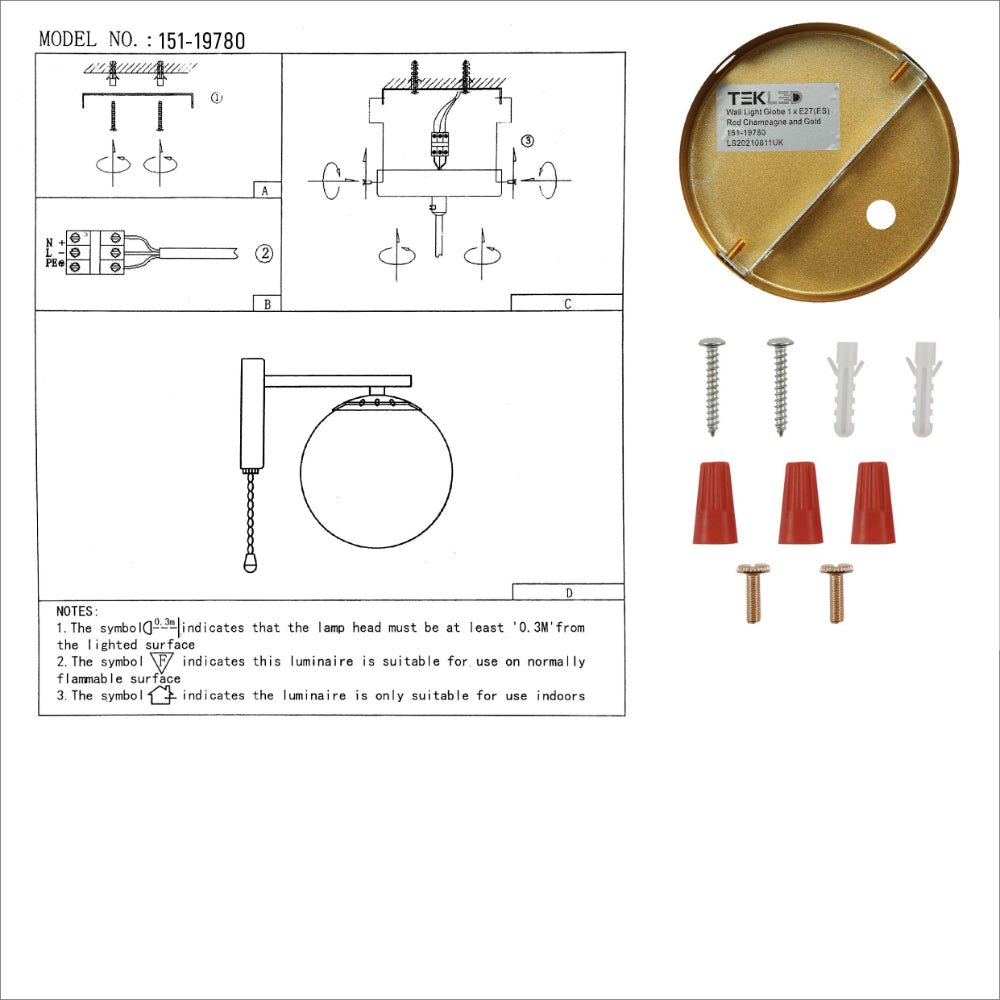 User manual for Opal Globe Glass Gold Metal Body Vintage Retro Wall Light with Pull Down Switch E27 Fitting | TEKLED 151-19780