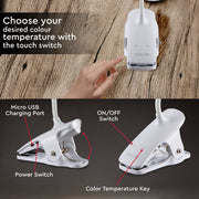 User manual for Ringo White Rechargable Clip on Reading Desk Light Dimmable and Colour Modes | TEKLED 130-03620