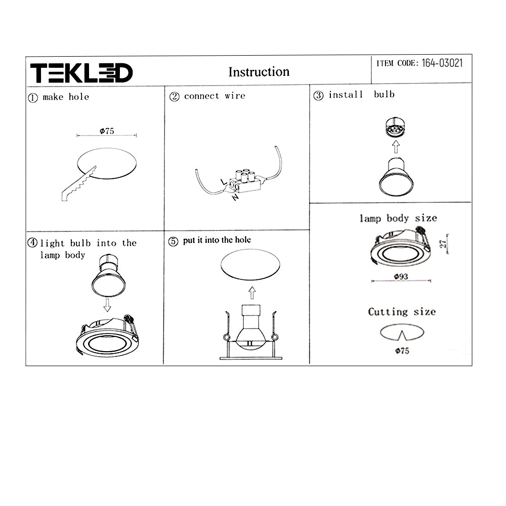User manual for Round Polycarbonate Tilt Recessed Downlight GU10 White or Black | TEKLED 164-03021