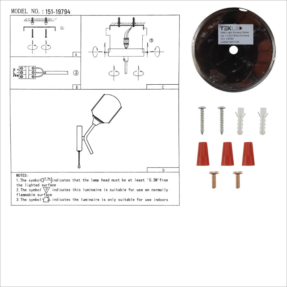User manual for Smoky Barrel Glass Chrome Metal Body Sputnik Modern Wall Light with Pull Down Switch E27 Fitting | TEKLED 151-19794