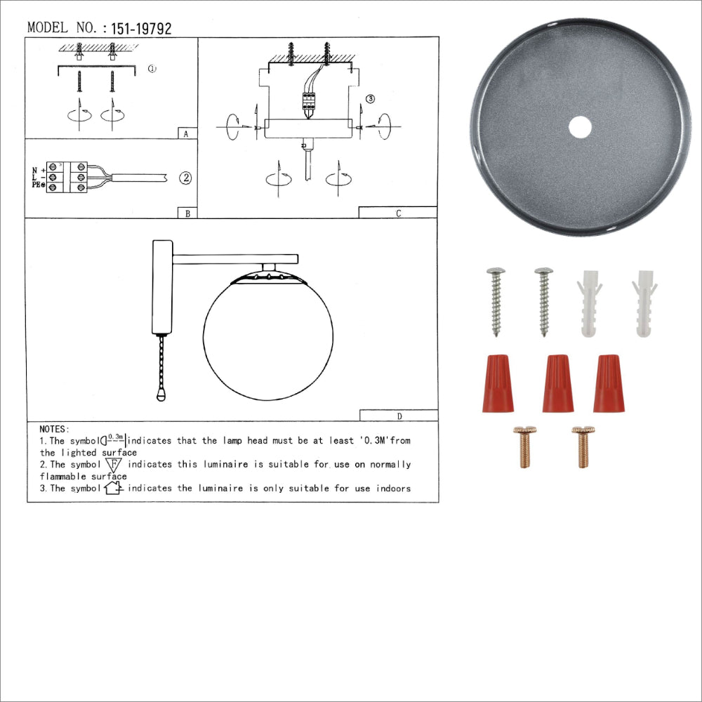 User manual for Smoky Globe Glass Chrome Metal Body Sputnik Molecule Modern Wall Light with Pull Down Switch E27 Fitting | TEKLED 151-19792