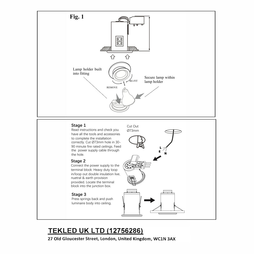 User manual for Tilt Pressed Steel Fire Rated Downlight Satin Nickel IP20 GU10 | TEKLED 143-03722