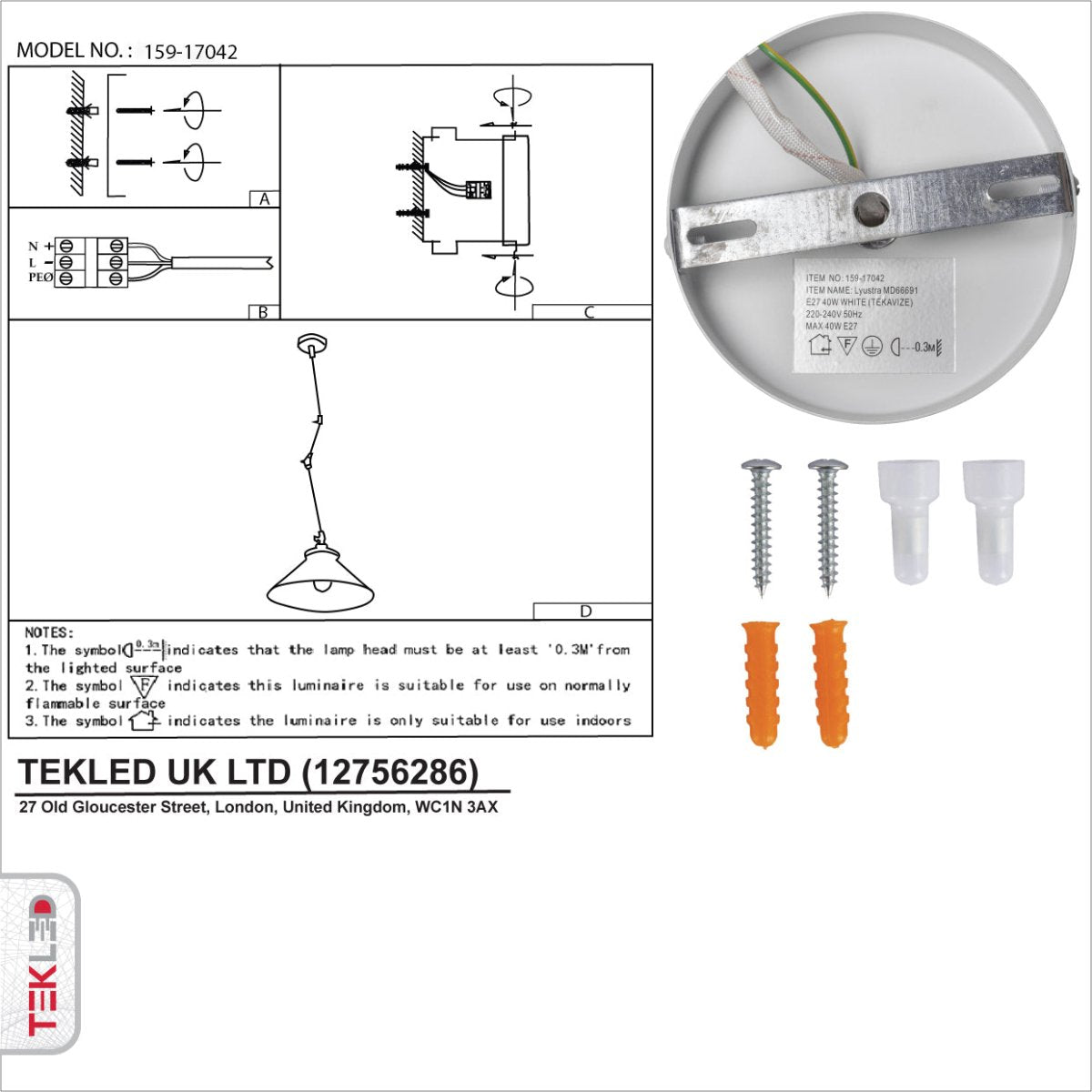 User manual for White Metal Hinged Funnel Ceiling Light with E27 Fitting | TEKLED 159-17042