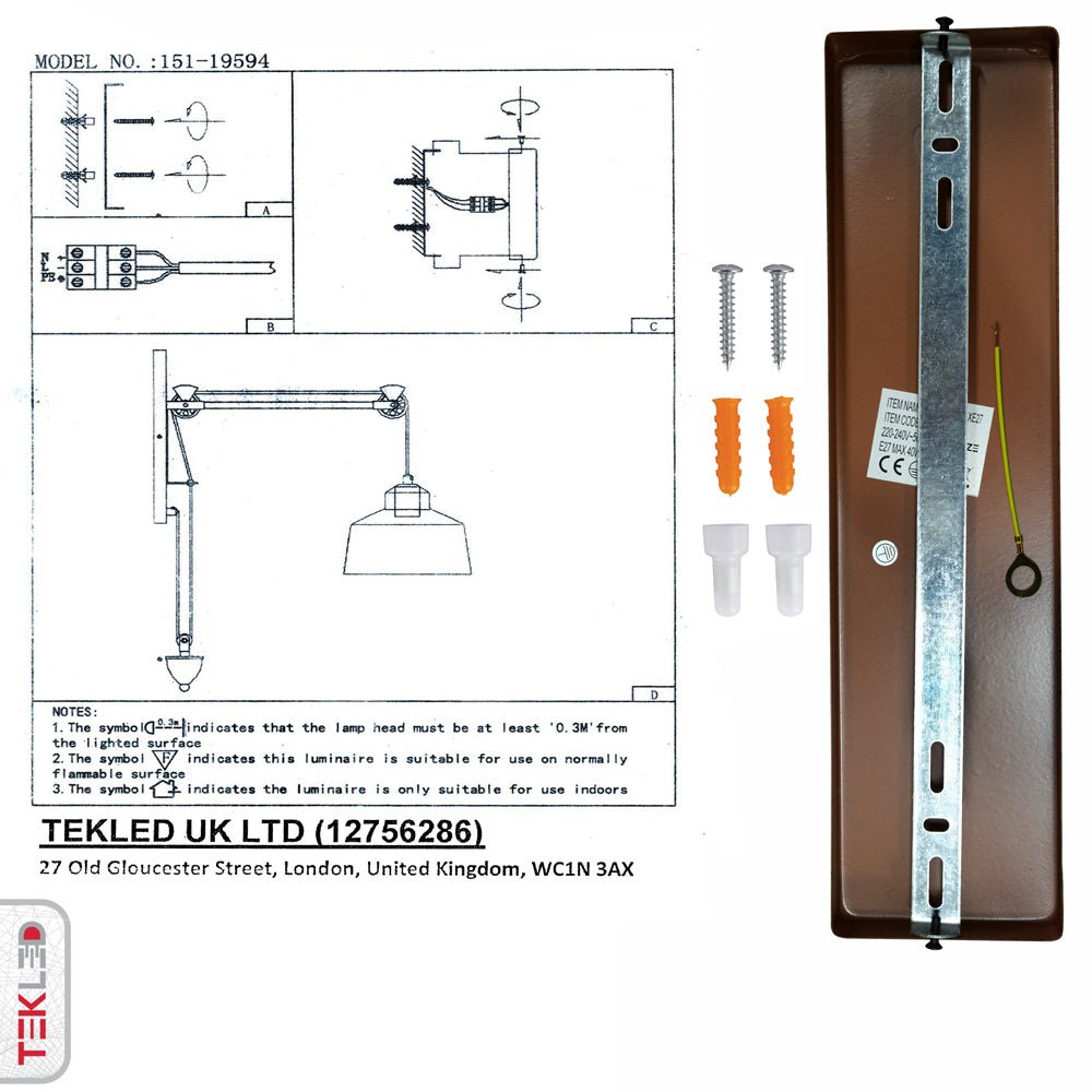 User manual and box content of old brown metal pulley step wall light e27