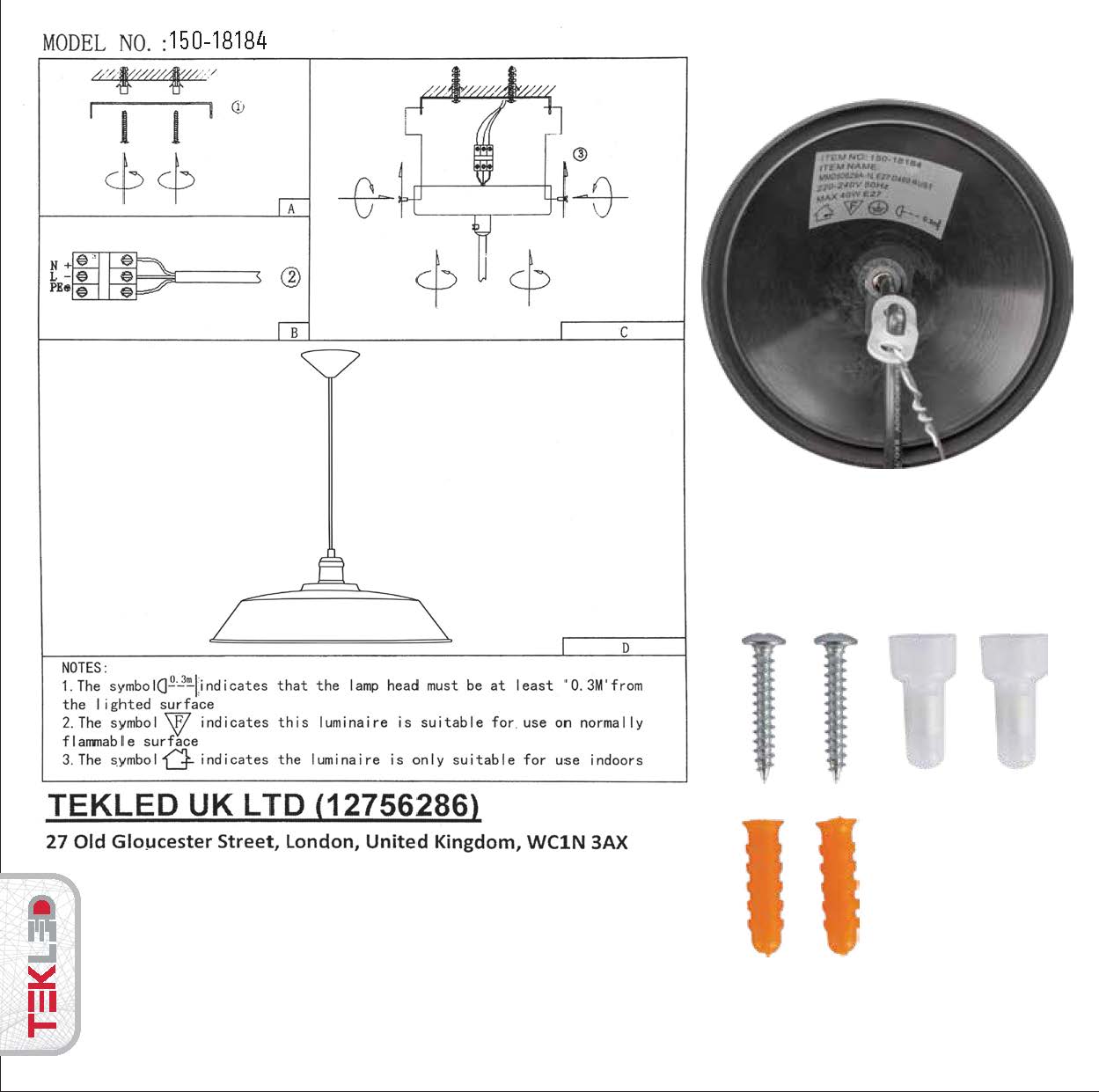 User manual and box content of rusty brown metal step flat pendant light l with e27 fitting