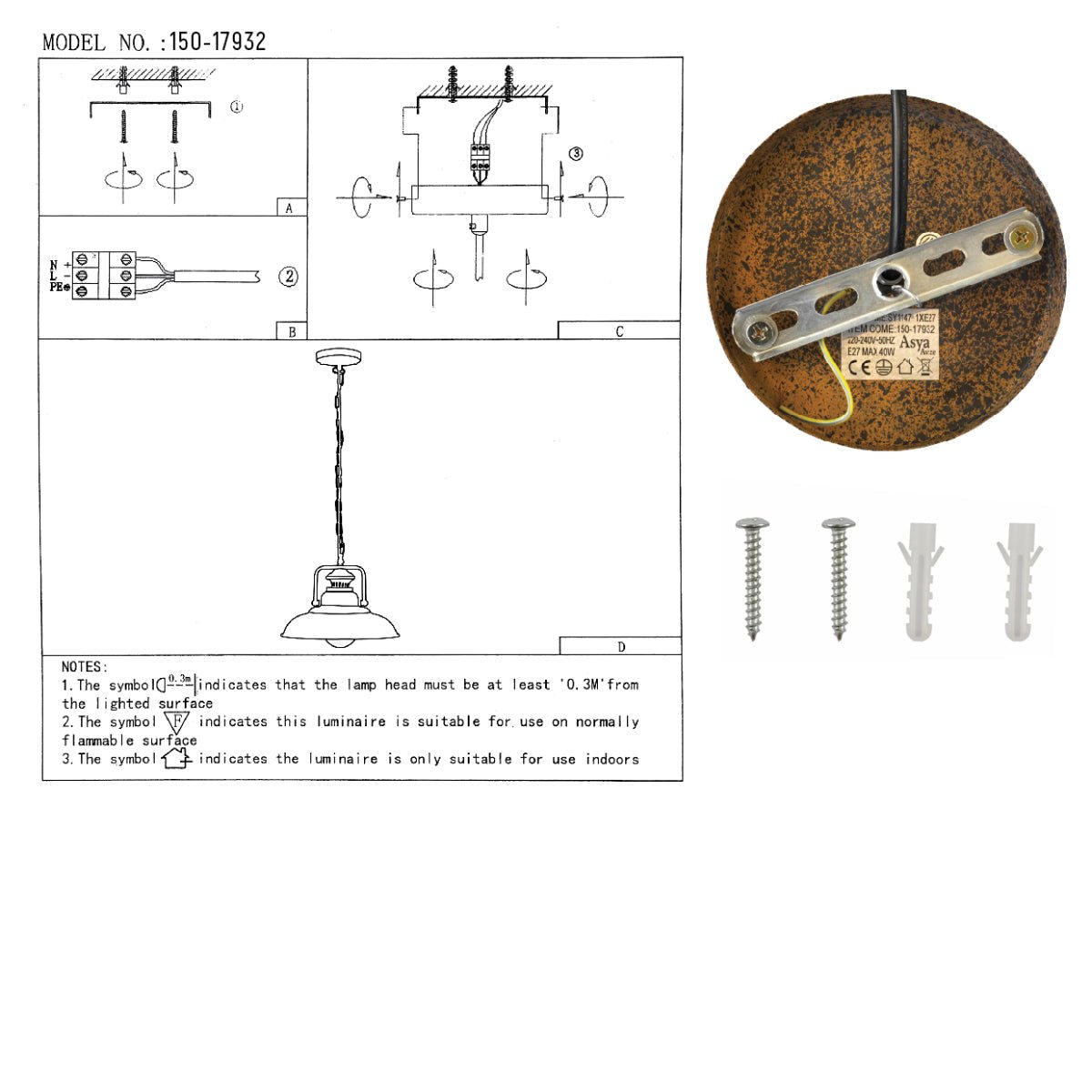 User manual for Rusty Brown Metal Step Pendant Ceiling Light with E27 | TEKLED 150-17932
