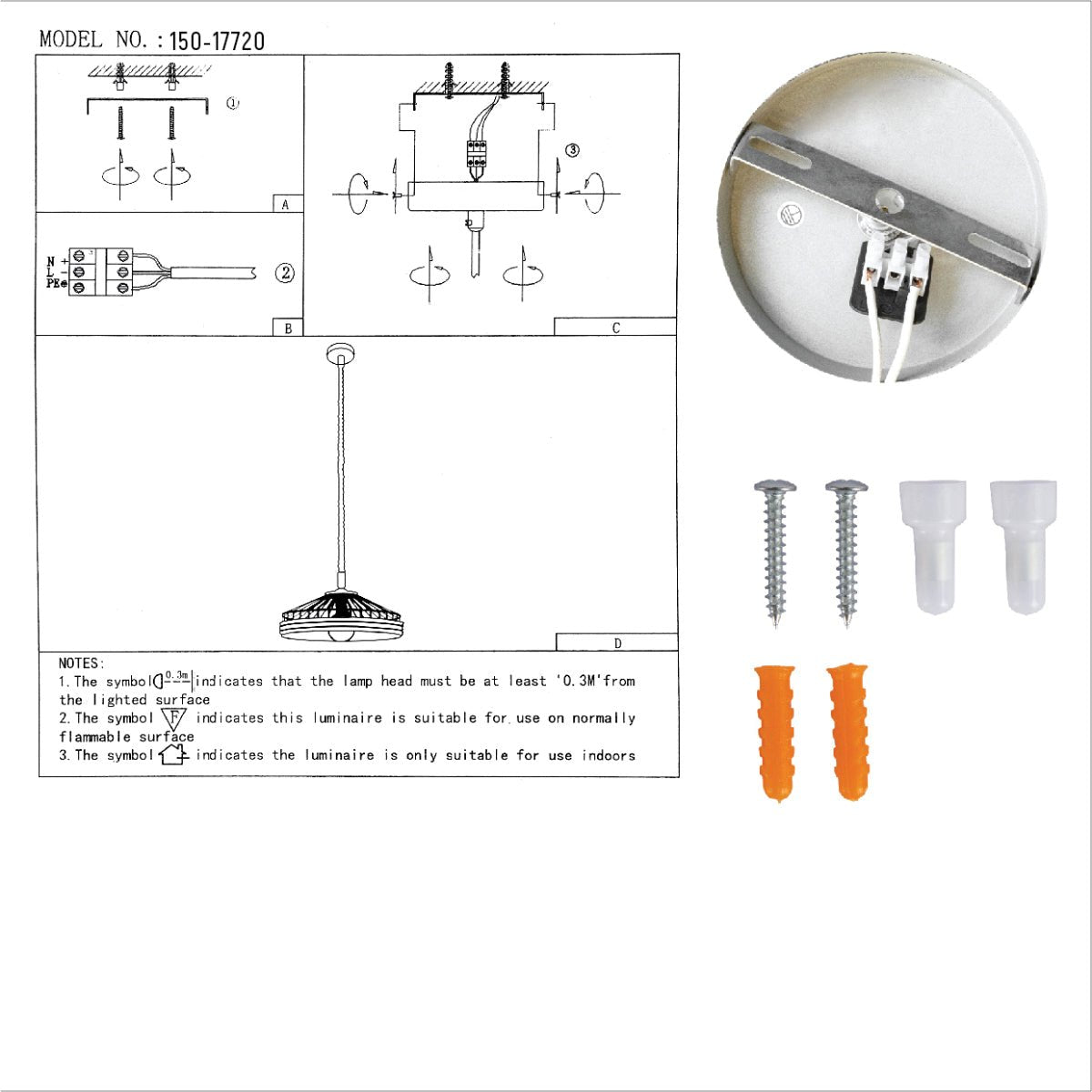 A diagram with components for fitting a ceiling light fixture, along with screws, wall plugs and the light fitting.