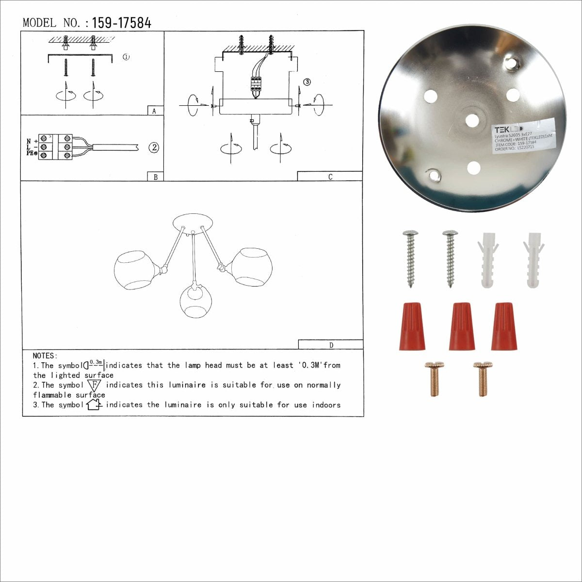 User manual for Smoky Cut-out Globe Glass Hinged Chrome Metal Semi Flush Ceiling Light | TEKLED 159-17584