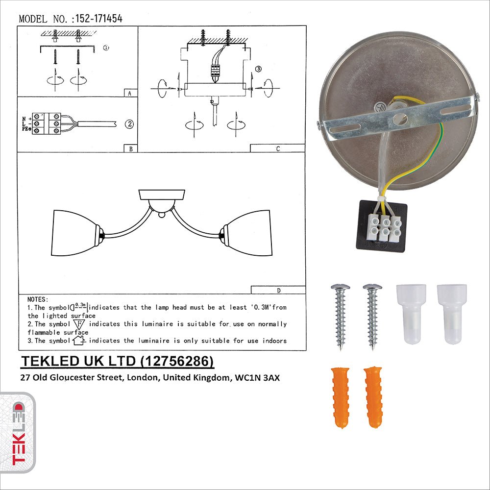 User manual and box content of white glass chrome semi-flush ceiling light with 3xe27 fitting