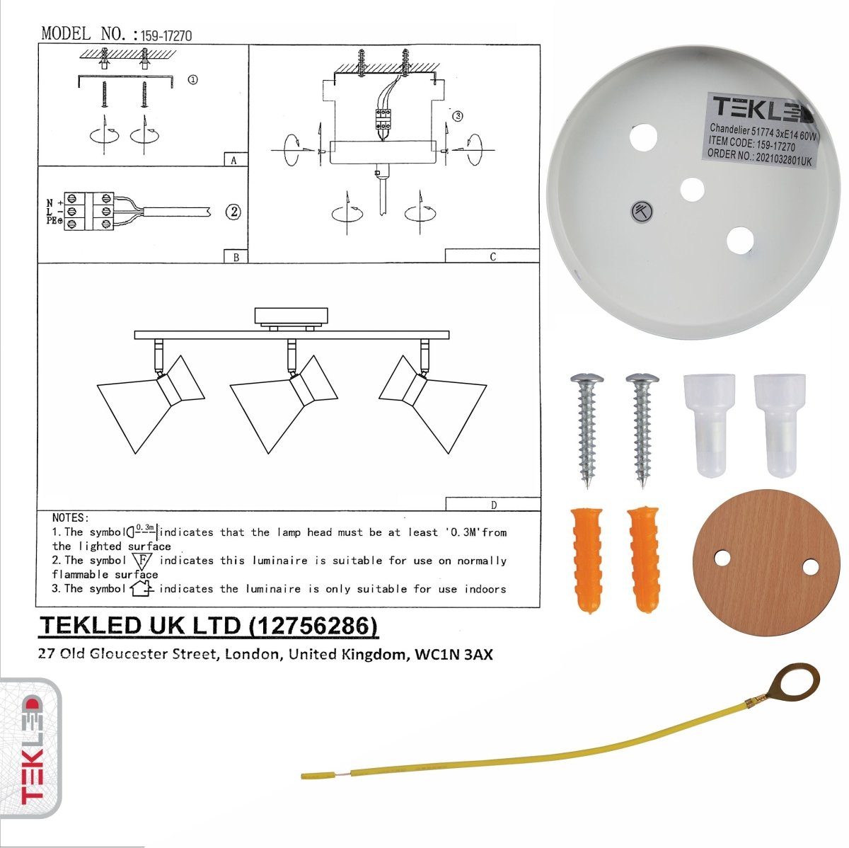 User manual and box content of white metal wood funnel semi flush ceiling light 3xe14